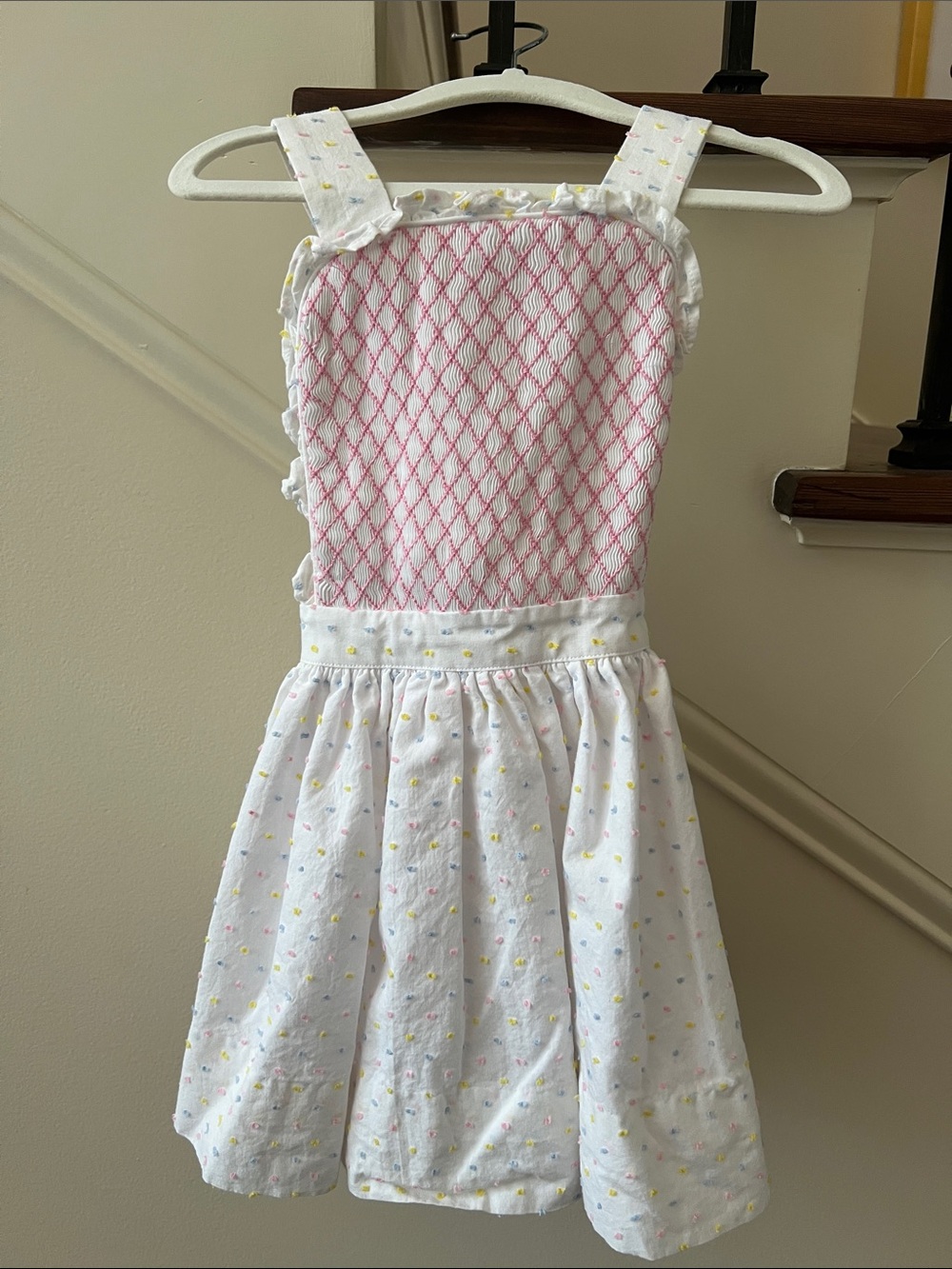 Stitchy Fish Girls White and Pink Smocked Swiss Dot Sundress 3T